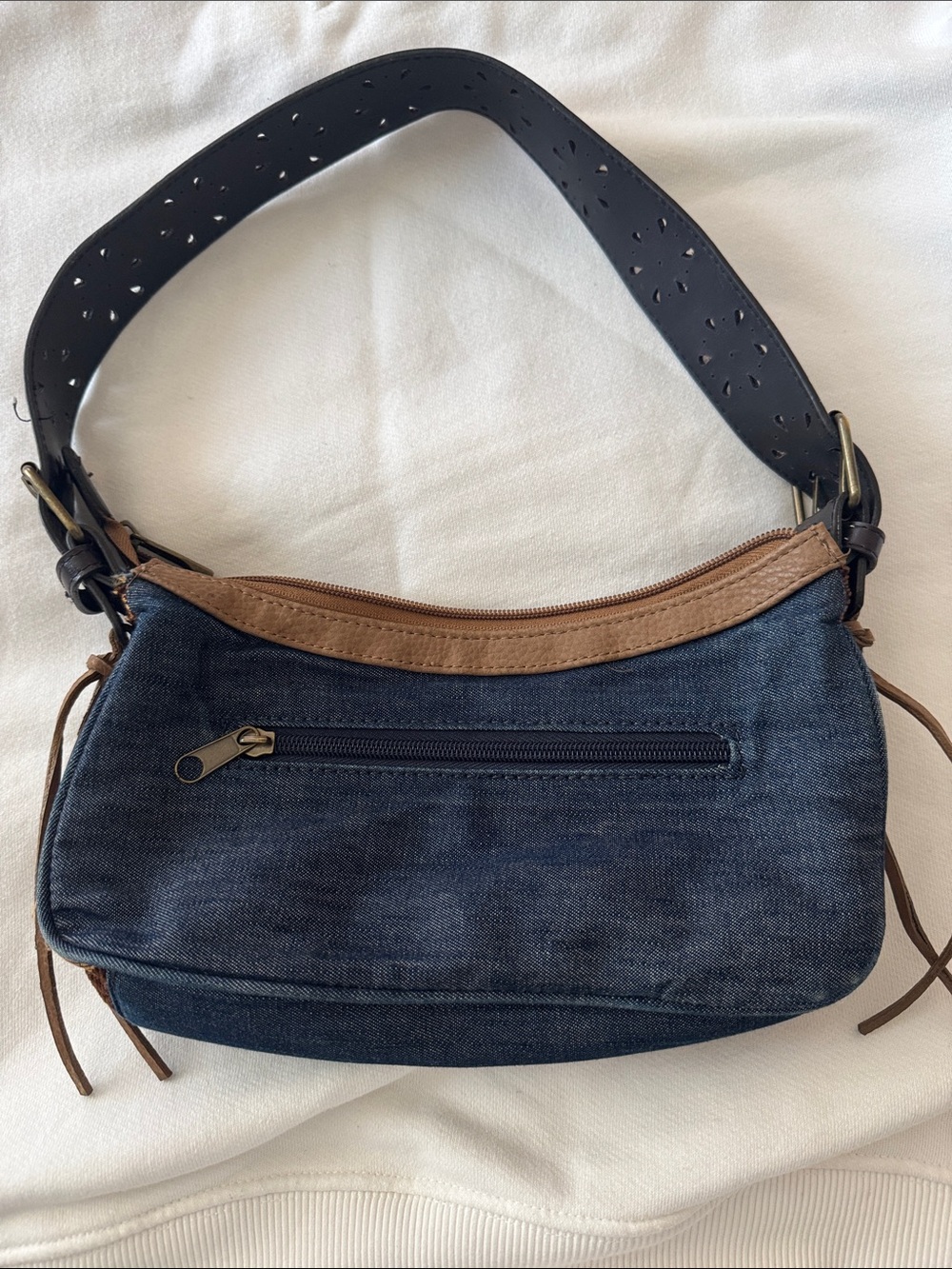 lei Denim and Brown Embroidered Shoulder Bag with Black Strap - Picture 2 of 4